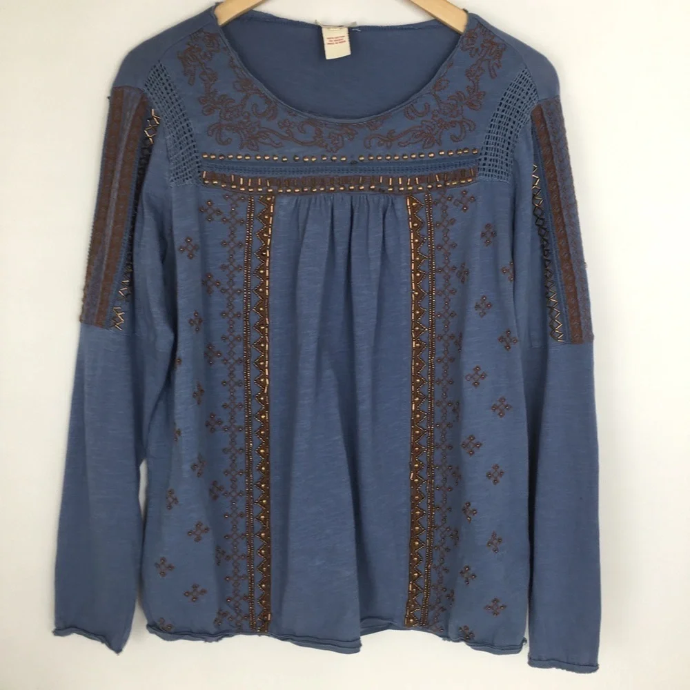 Sundance Boho Top Beaded Embroidered Blue Copper Long Sleeve Women’s Size Small